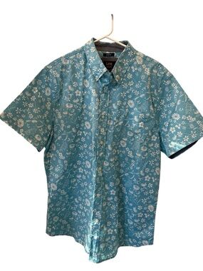 Lee Aqua Blue Floral Island Waters Short-Sleeve Casual Button-Down Shirt L NWT